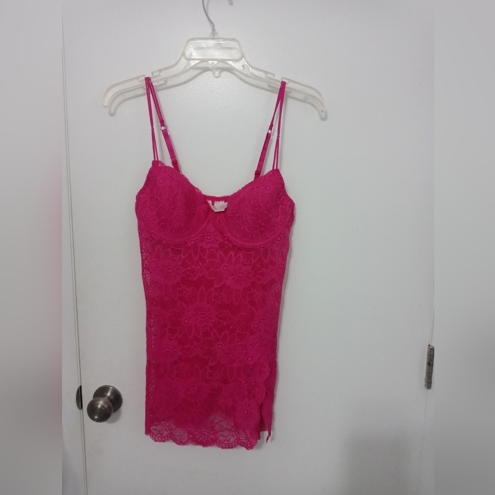 VICTORIA'S SECRET BRIGHT PINK ALL SHEER FLORAL LACE PUSH UP TEDDY LINGERIE 36C